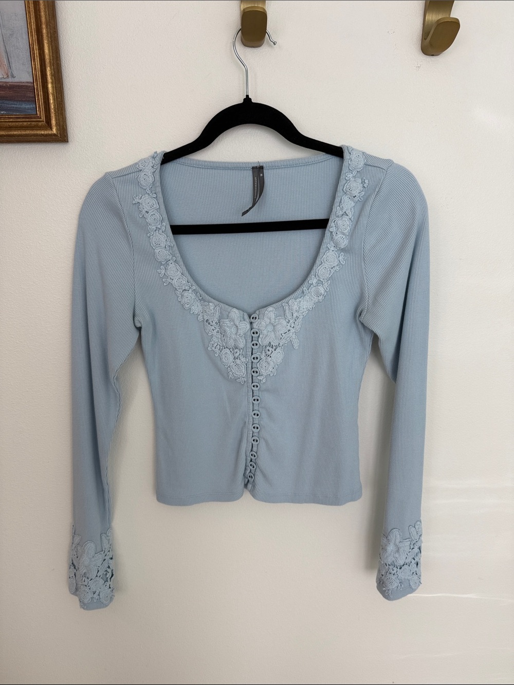 Anthropologie Powder Blue Lace-Trim Long Sleeve Tee